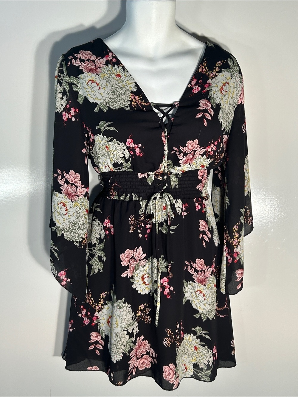 Maurices SZ L Black Floral Corset Dress Boho Peasant Cottage Fairy Whimsigoth
